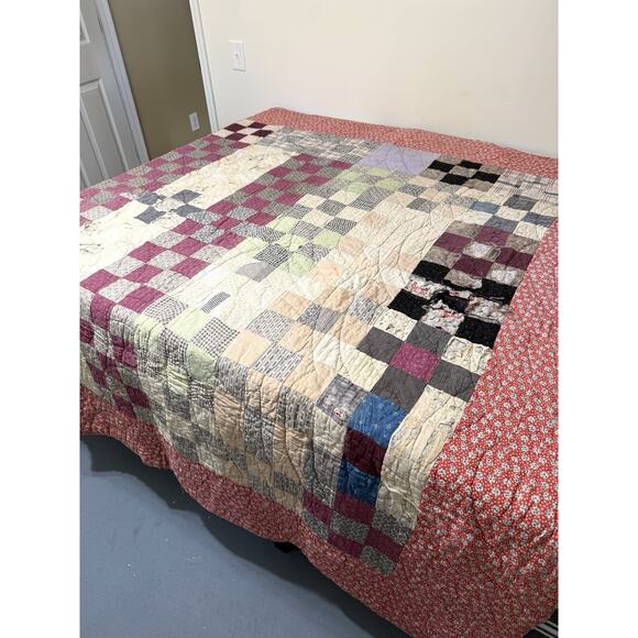 Vintage Handmade Hand Quilted Patchwork Block Quilt 74x82 Antique Tattered - Picture 1 of 6